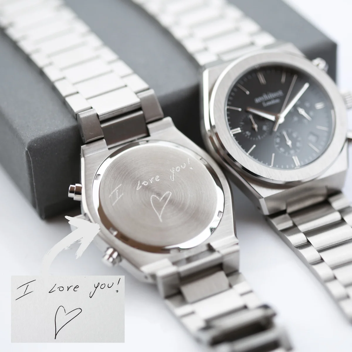Men's engraved watch Architect Orbix in black with stainless steel band, chronograph dials, and luminous hands on display