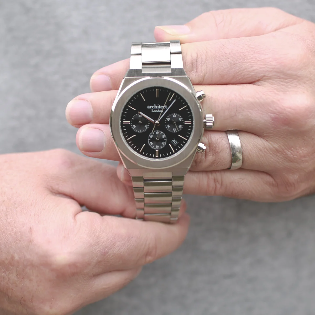 Personalised men's watch Architect Orbix with black dial, silver stainless steel bracelet, and chronograph subdials