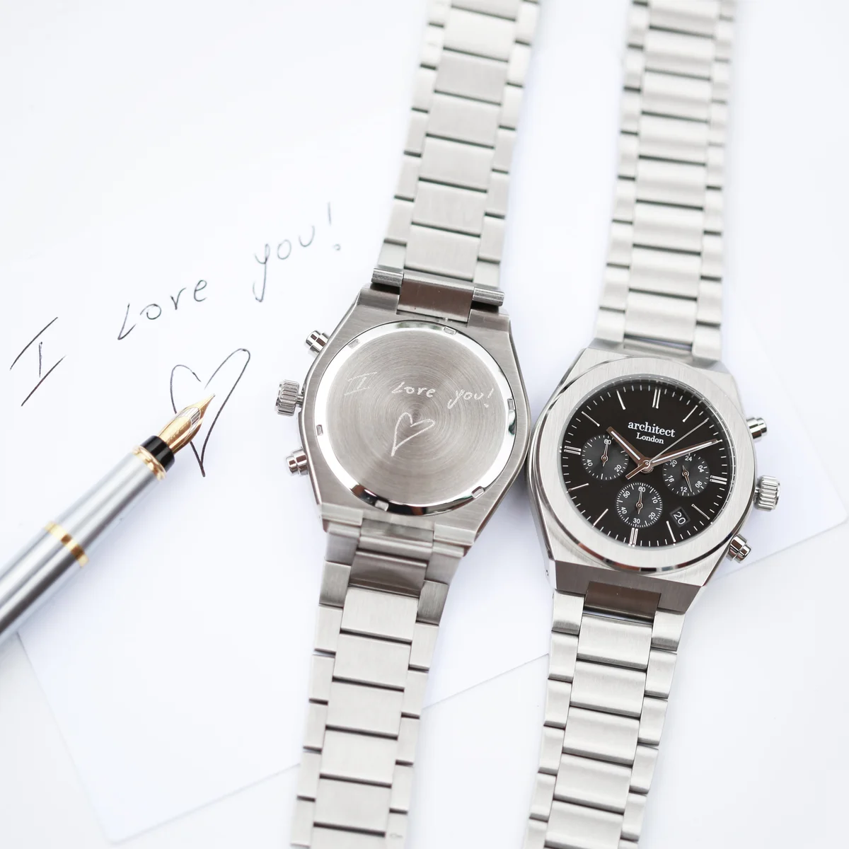 Men’s Architect Orbix black watch with stainless steel chronograph, luminous dials, and engraved back display