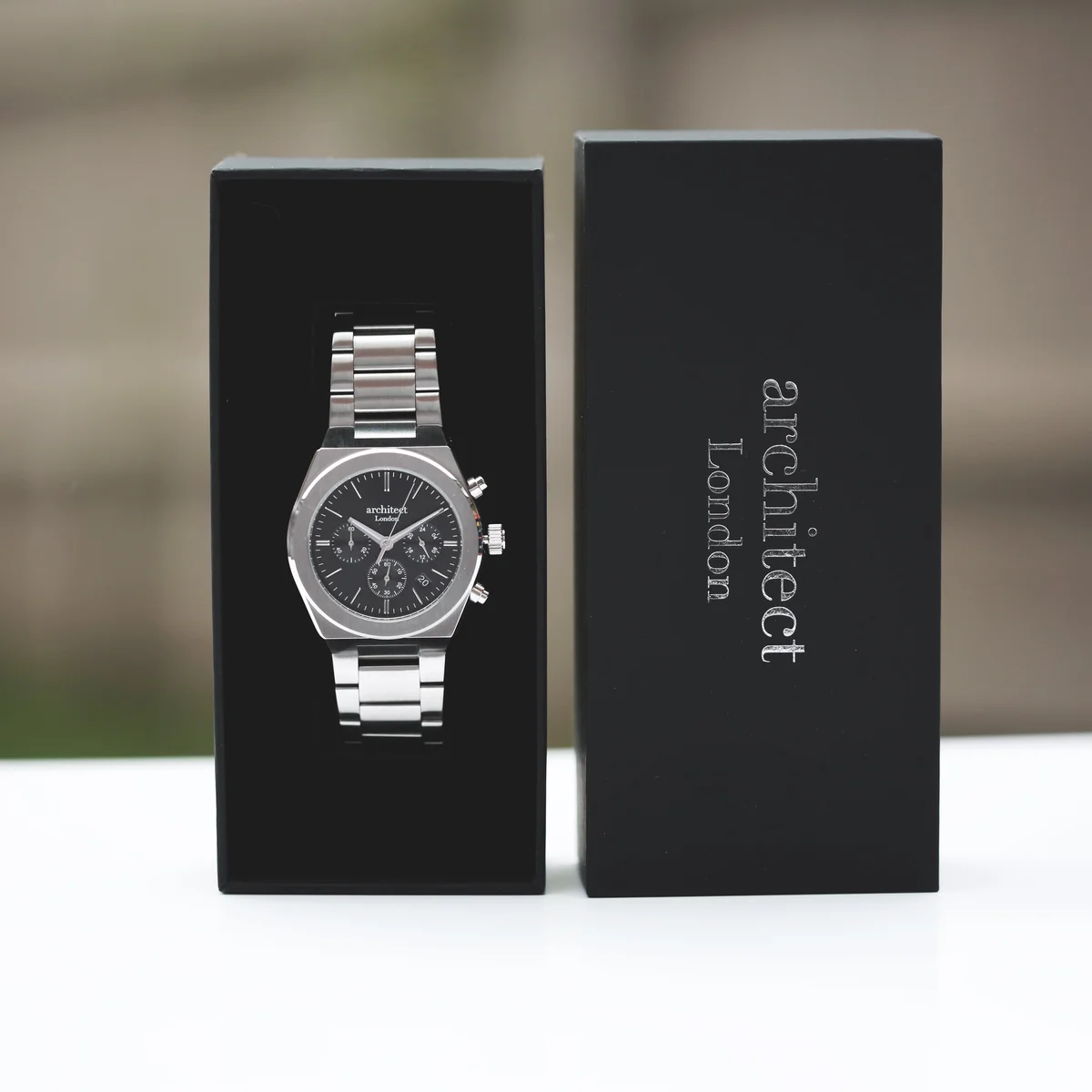 Men’s Architect Orbix black stainless steel watch with Seiko movement, chronograph dials, and engraved back detail