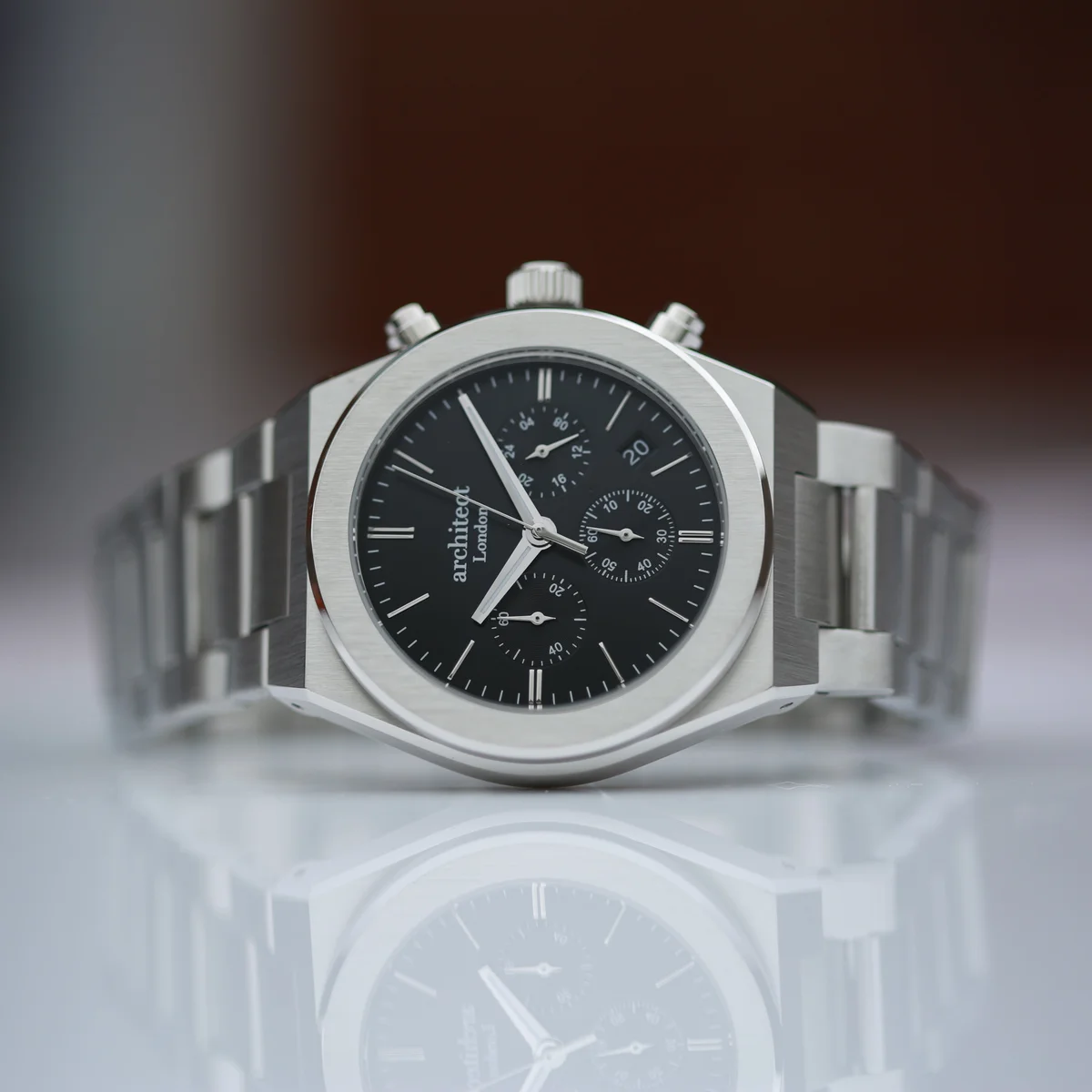 Men's engraved watch Architect Orbix in black with silver stainless steel bracelet and chronograph subdials on black dial