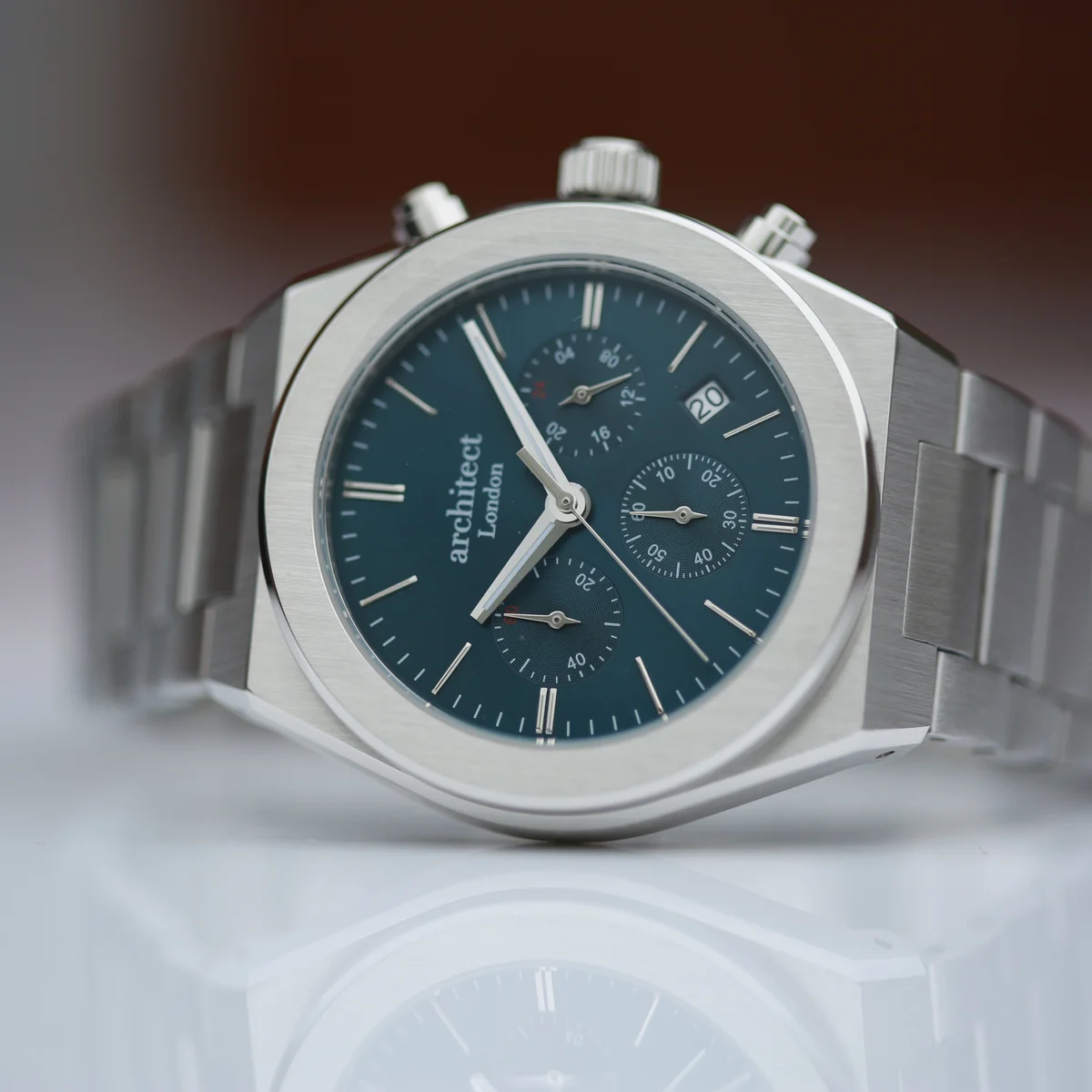 Men’s personalised watch Architect Orbix in deep blue with silver stainless steel bracelet and modern font engraving area visible