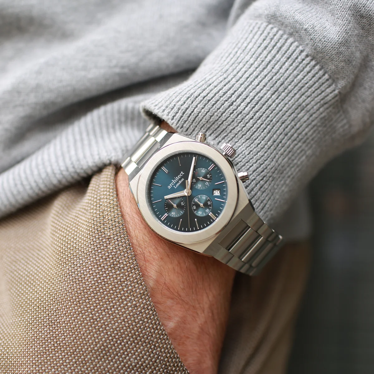 Men's personalised watch Architect Orbix in deep space blue with silver stainless steel bracelet and chronograph subdials