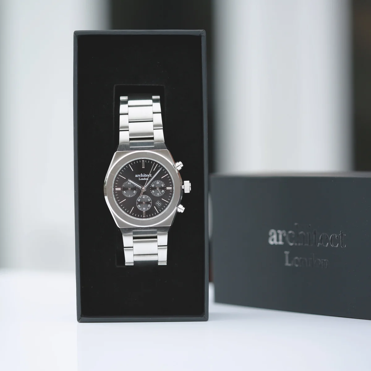 Men’s Architect Orbix black stainless steel Seiko movement watch with chronograph subdials and modern font engraving area