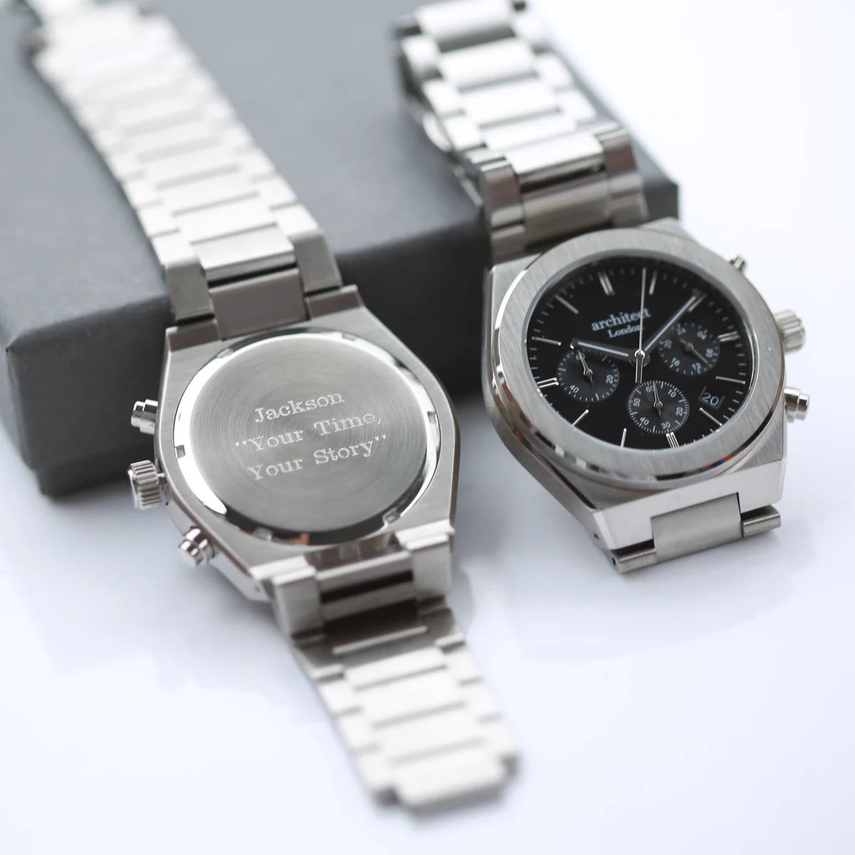Men’s personalised watch Architect Orbix black stainless steel with modern font engraving on back, chronograph subdials visible