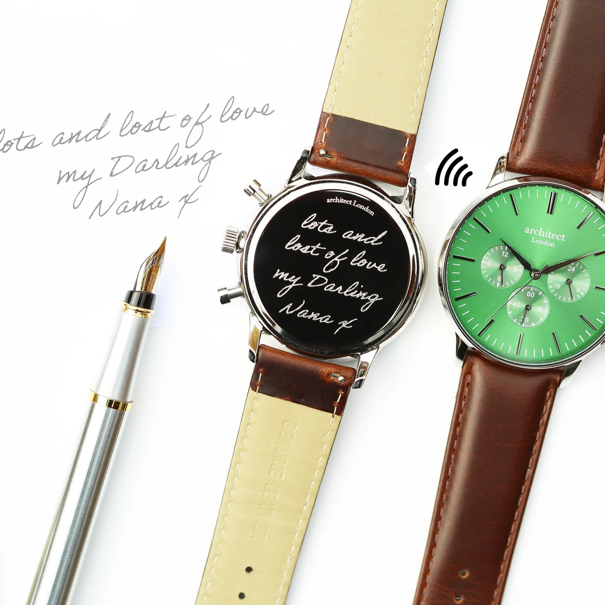 Men’s green contactless payment watch with walnut strap and custom handwriting engraving on the face