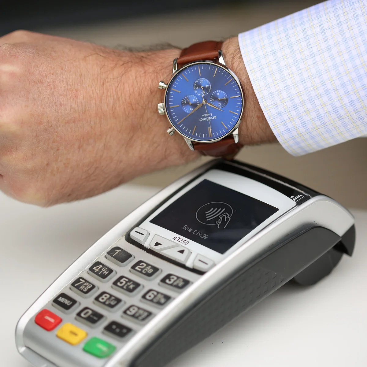 Men’s blue contactless payment watch with walnut strap and modern font engraving on the face