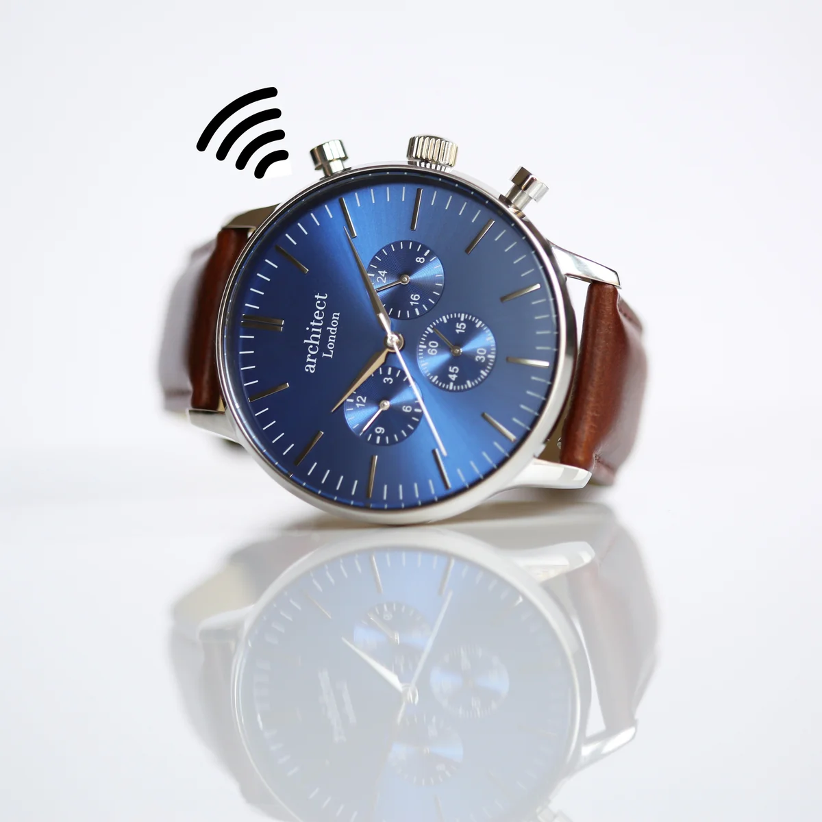 Men's contactless watch with blue dial, walnut strap, and modern font engraving on the face.