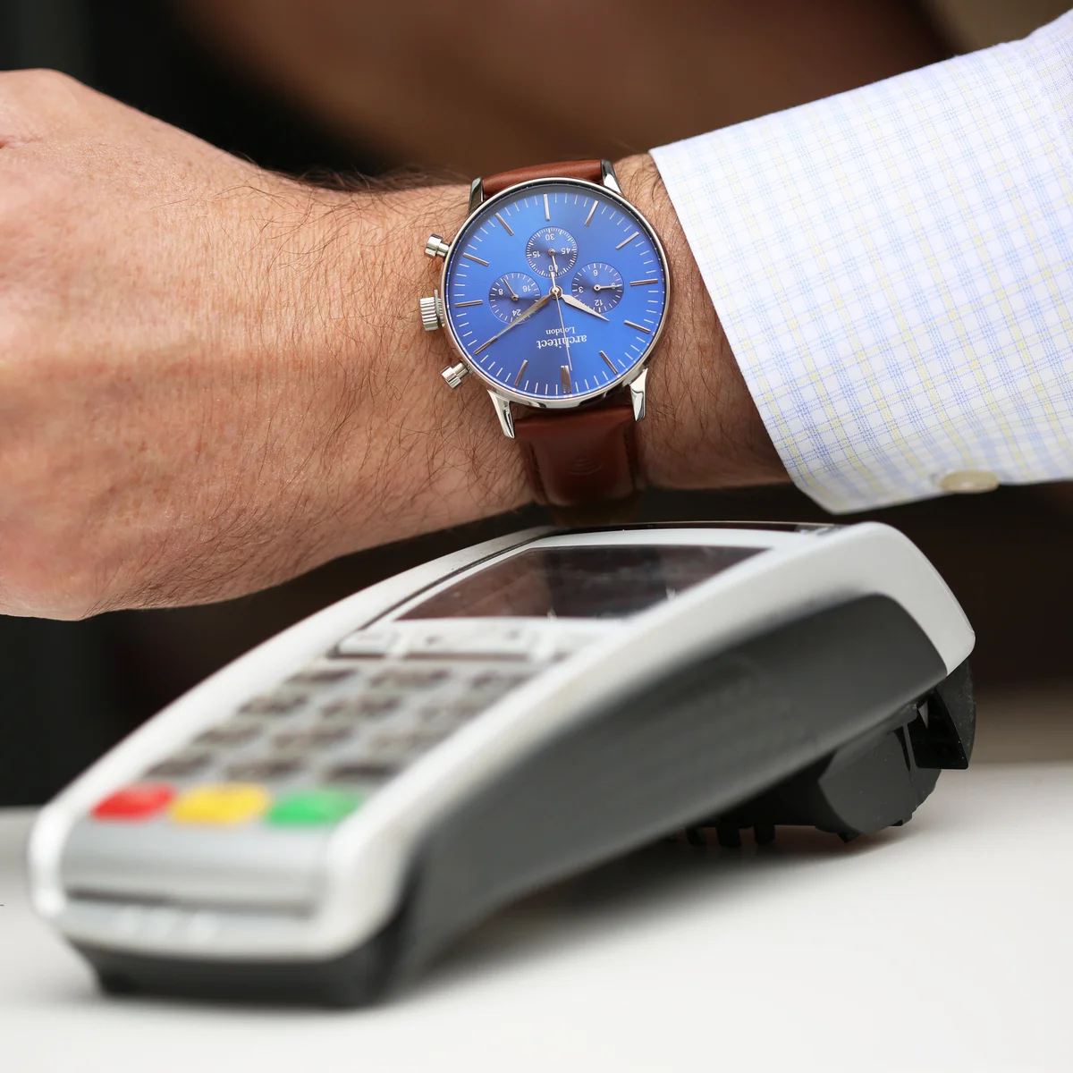 Men’s contactless payment watch with blue dial, modern font engraving, and brown walnut leather strap watch