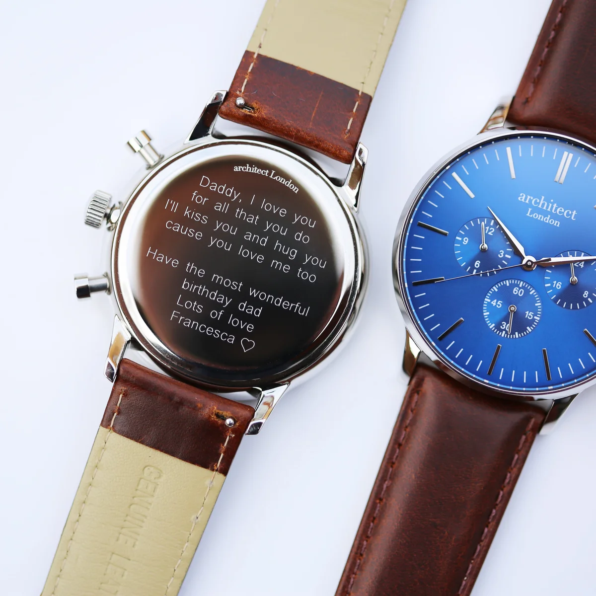 Men’s blue Contactless Payment Watch with walnut strap showing modern font engraving on the back of the case