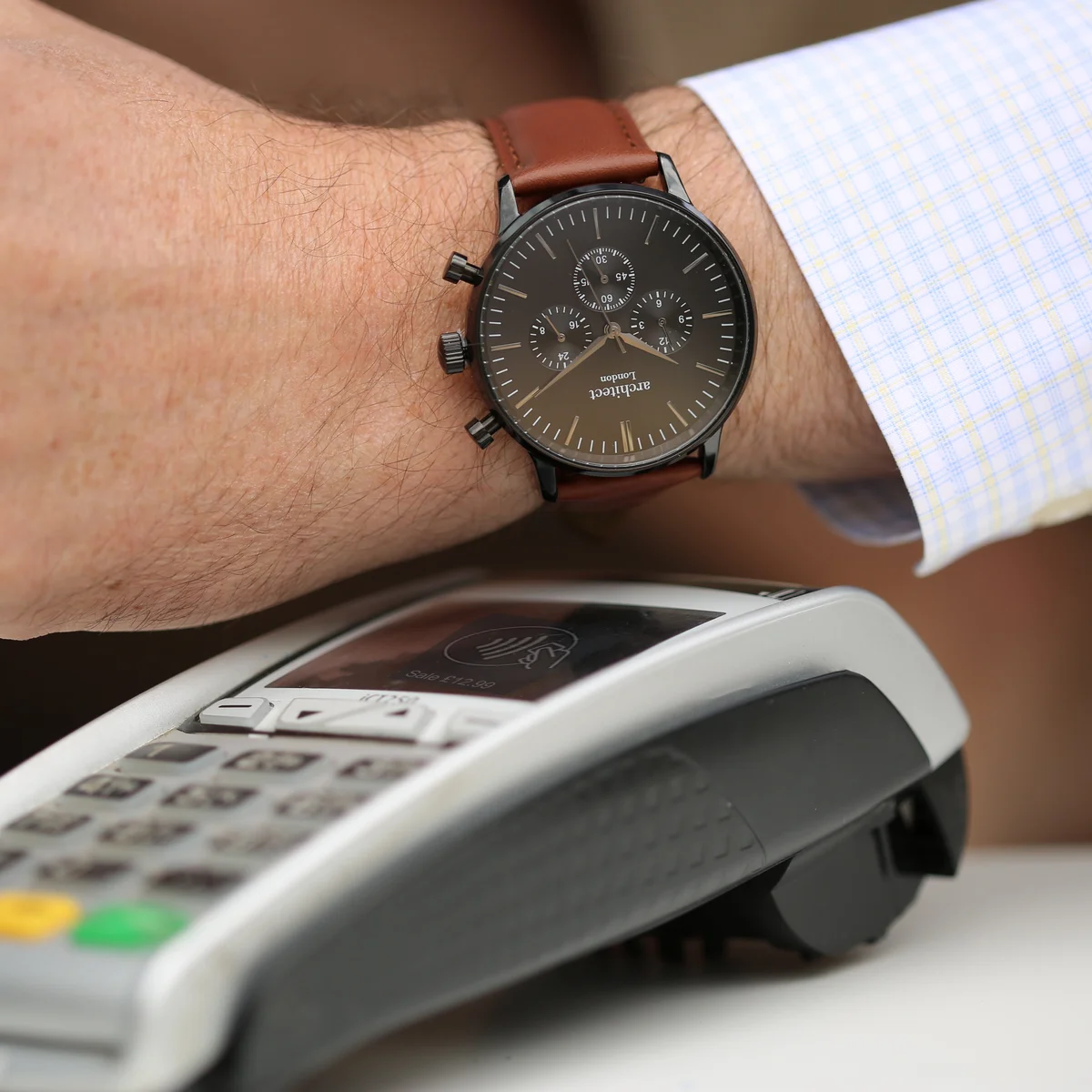 Men's contactless payment watch with walnut strap and custom handwriting engraving on dial face