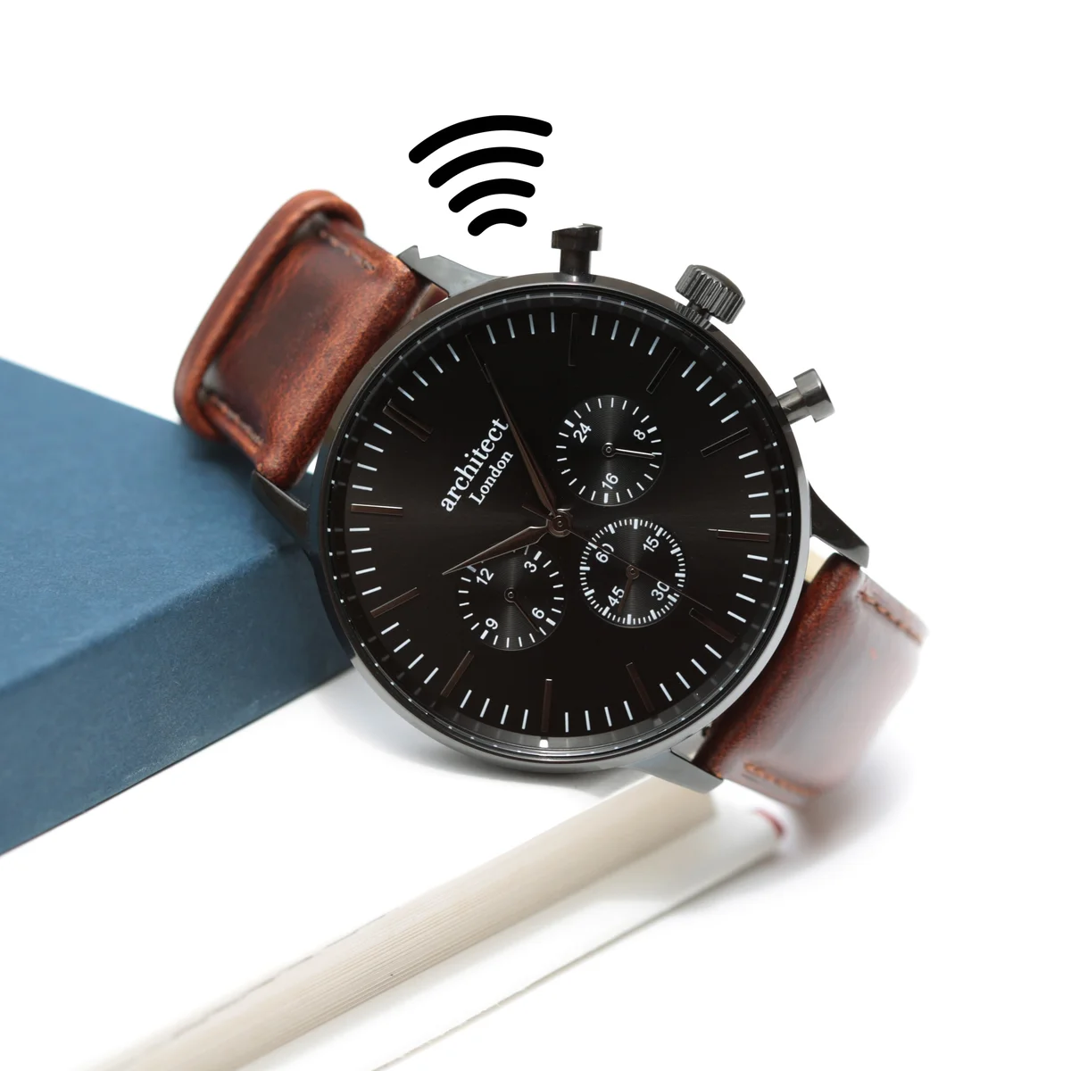 Men's contactless watch with walnut strap and engraved own handwriting on dial for contactless payments and cashback benefits