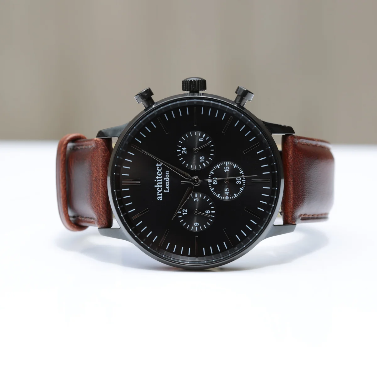 Men's cashback payment watch with walnut strap and custom handwriting engraving on the dial