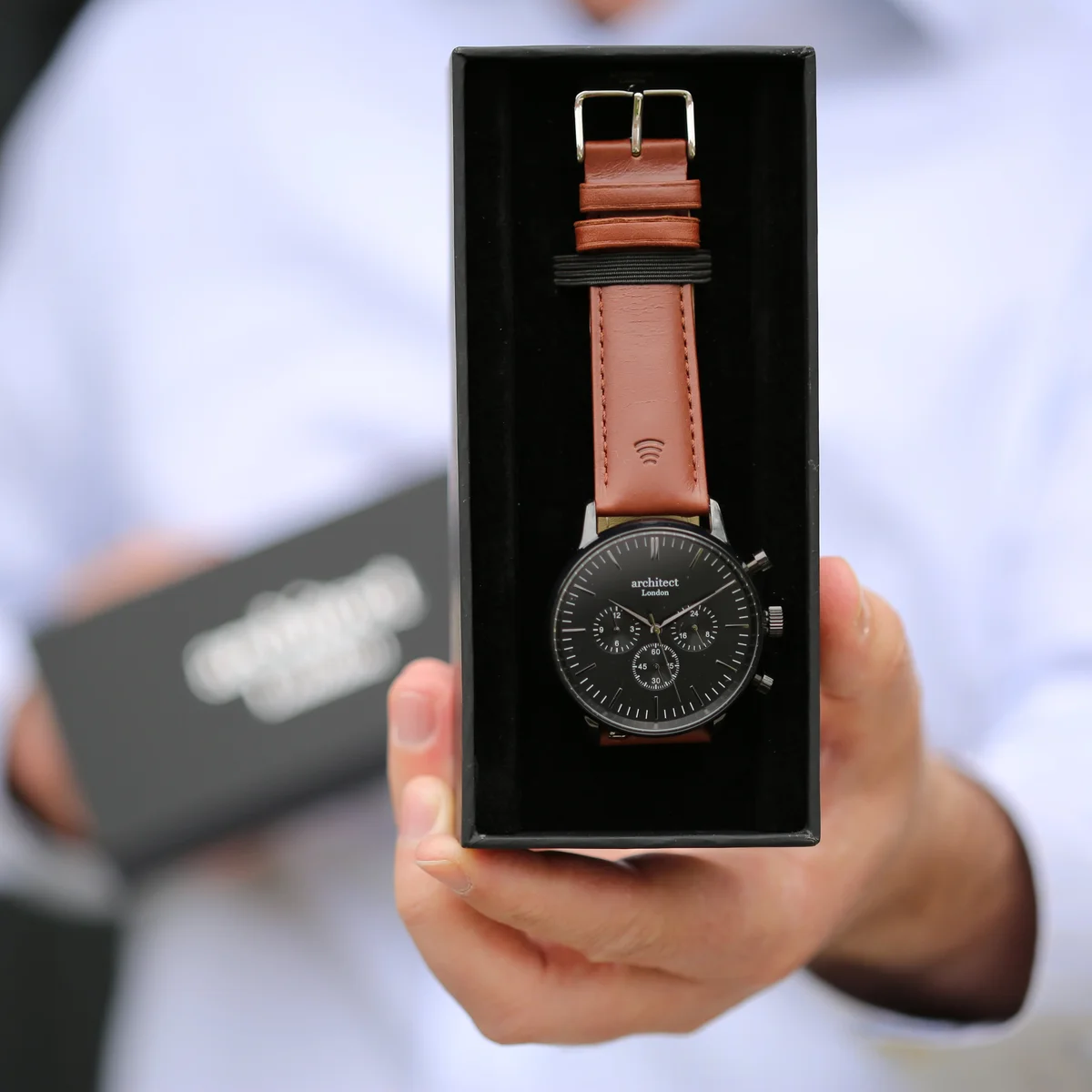 Men's Motivator tap to pay watch with walnut strap and custom handwriting engraving on the face