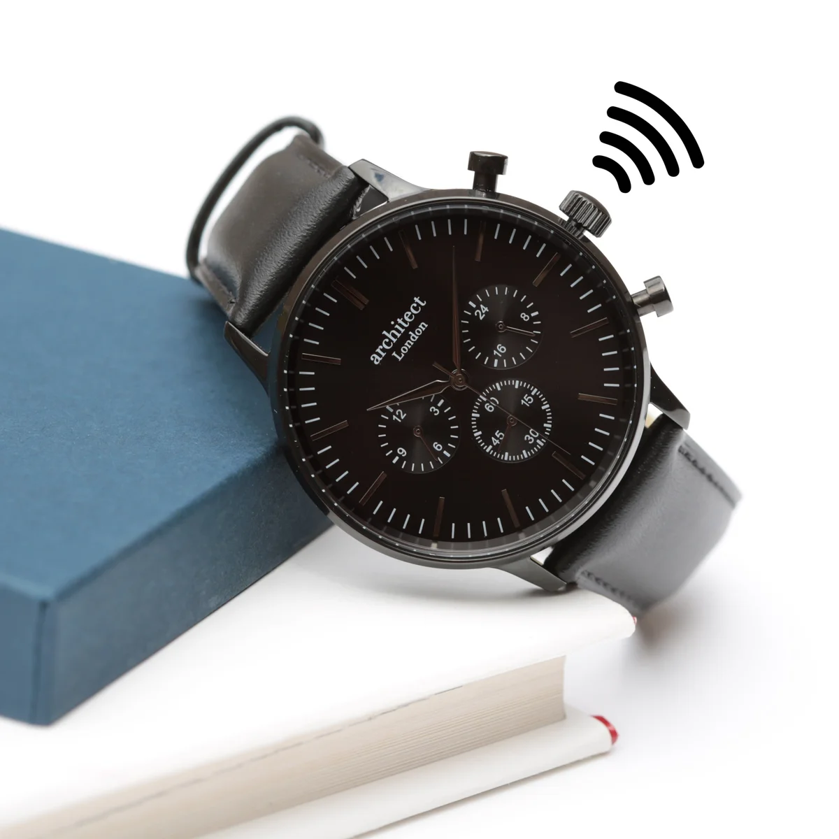 Men's contactless watch with jet black strap and custom handwriting engraving on the face, showing time and payment feature