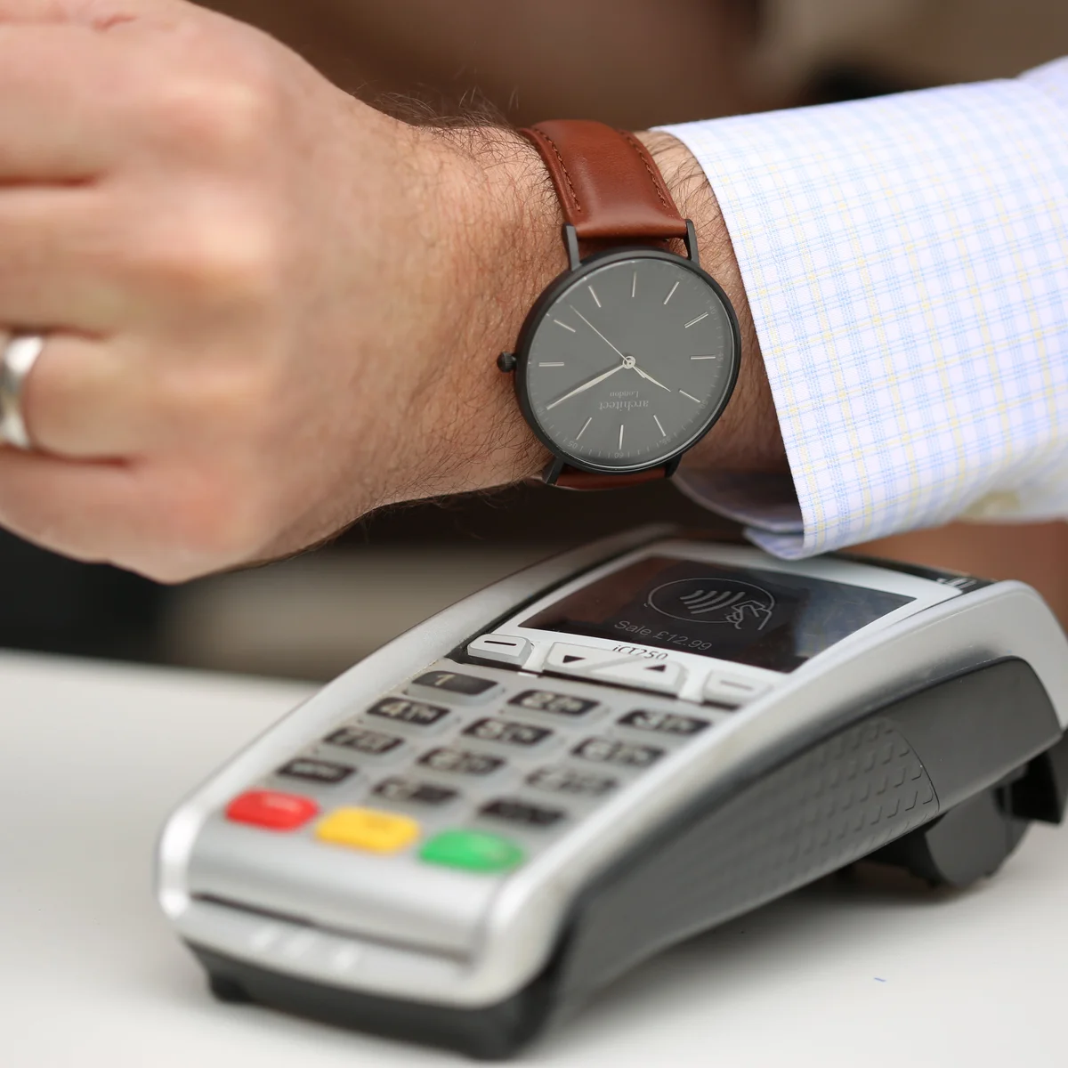 Men's Architect minimalist contactless payment watch with walnut strap and custom handwriting engraving on dial