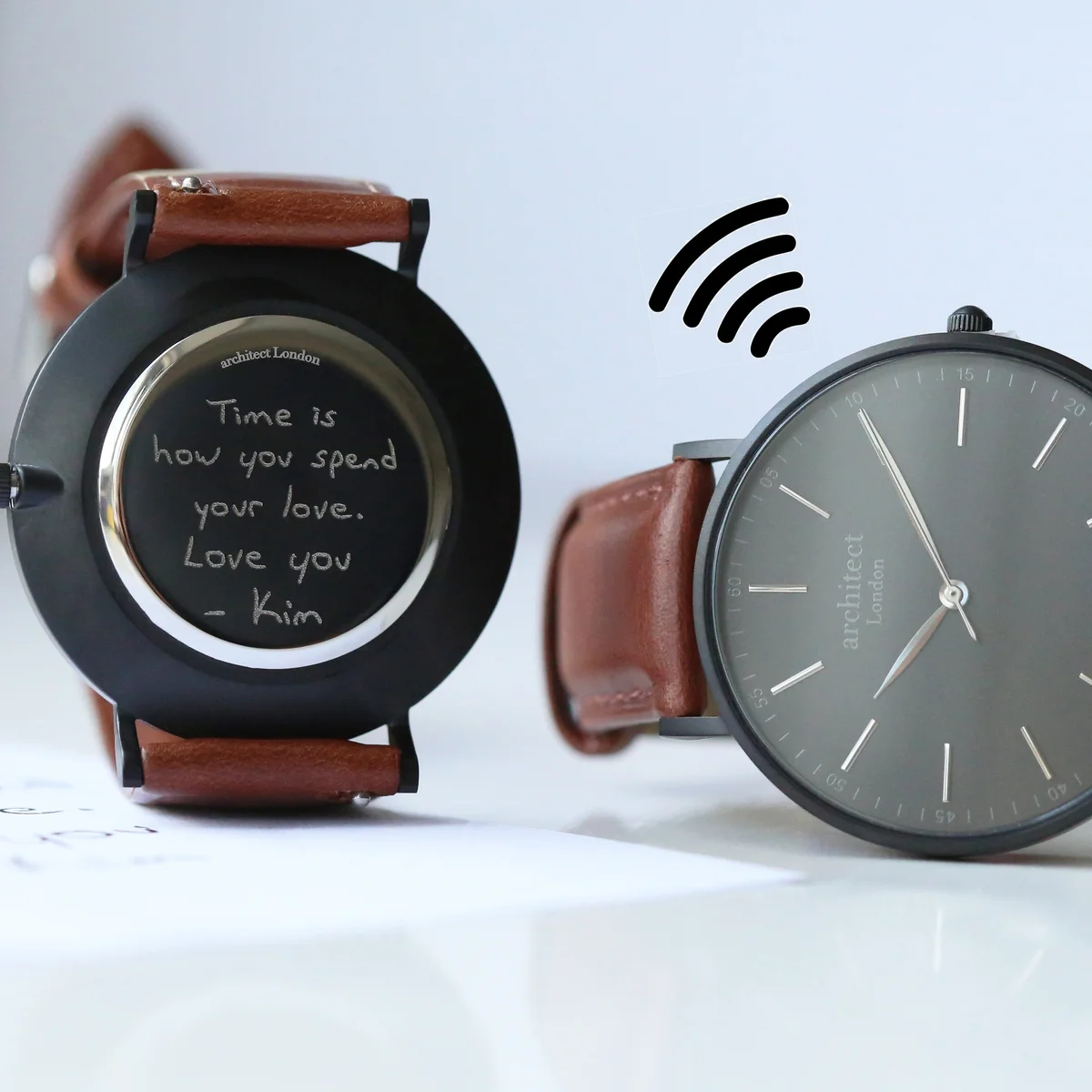 Men's contactless watch with minimalist architect design, walnut strap, and custom handwriting engraving on dial