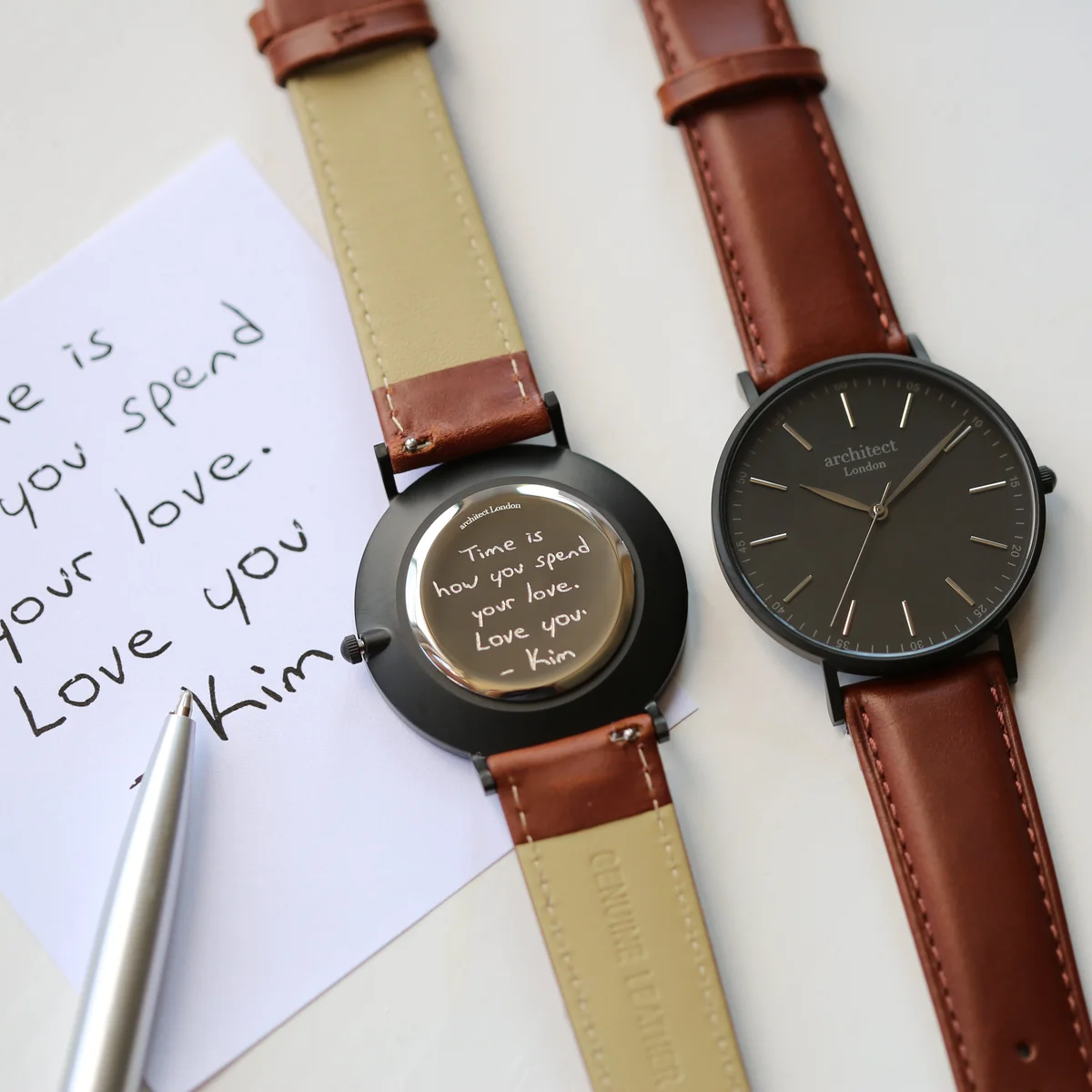 Men’s Architect minimalist cashback payment watch with walnut strap and custom handwriting engraving on face