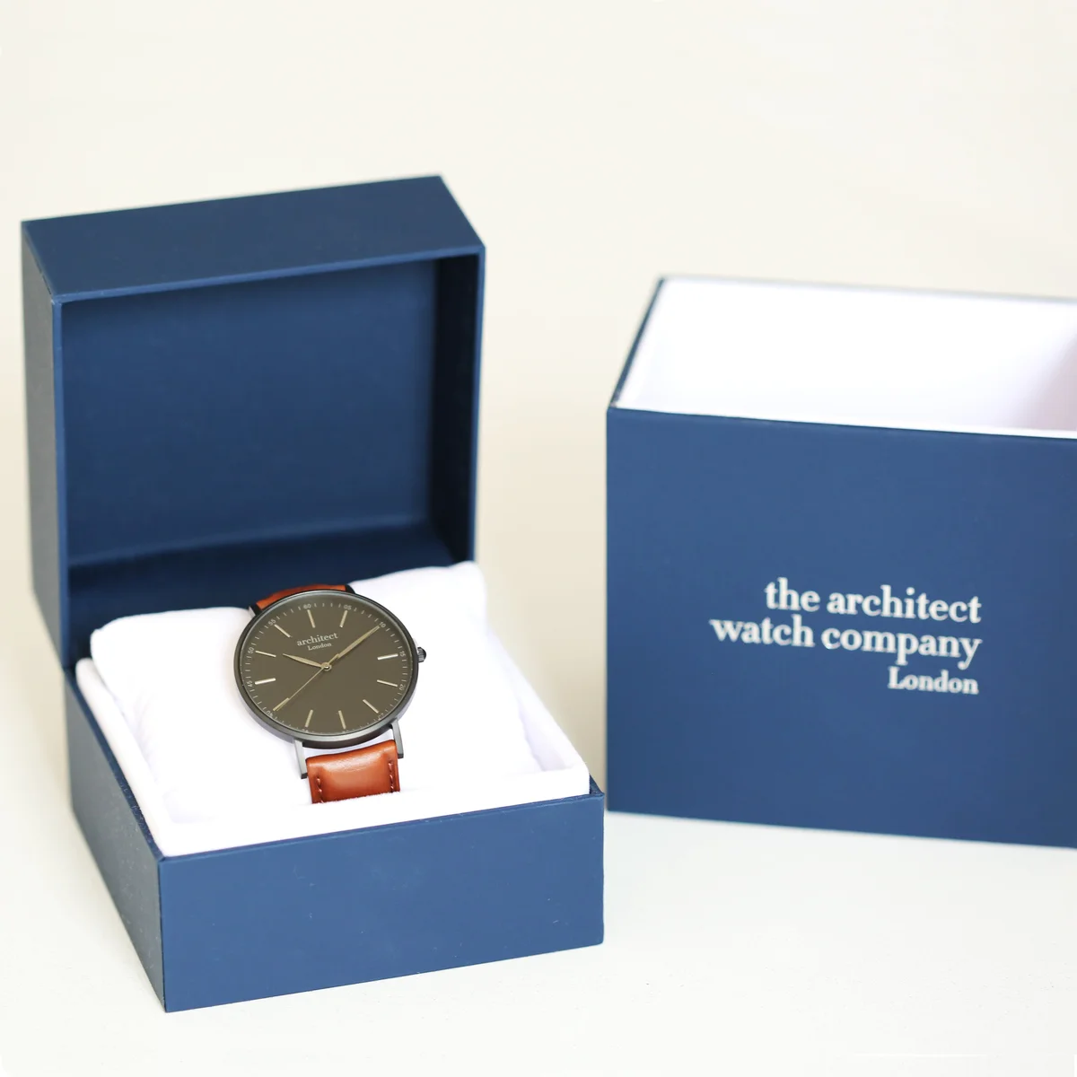 Men’s Architect minimalist contactless payment watch with walnut strap and engraved handwriting detail on dial