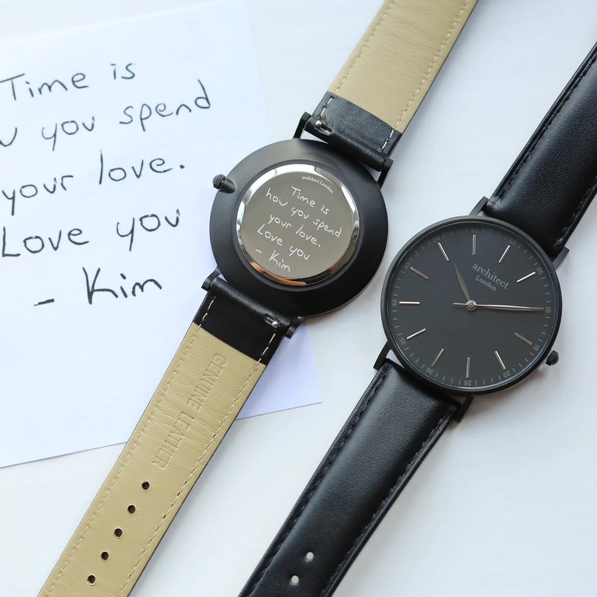 Men's Architect minimalist cashback payment watch with jet black strap and custom handwriting engraving on face
