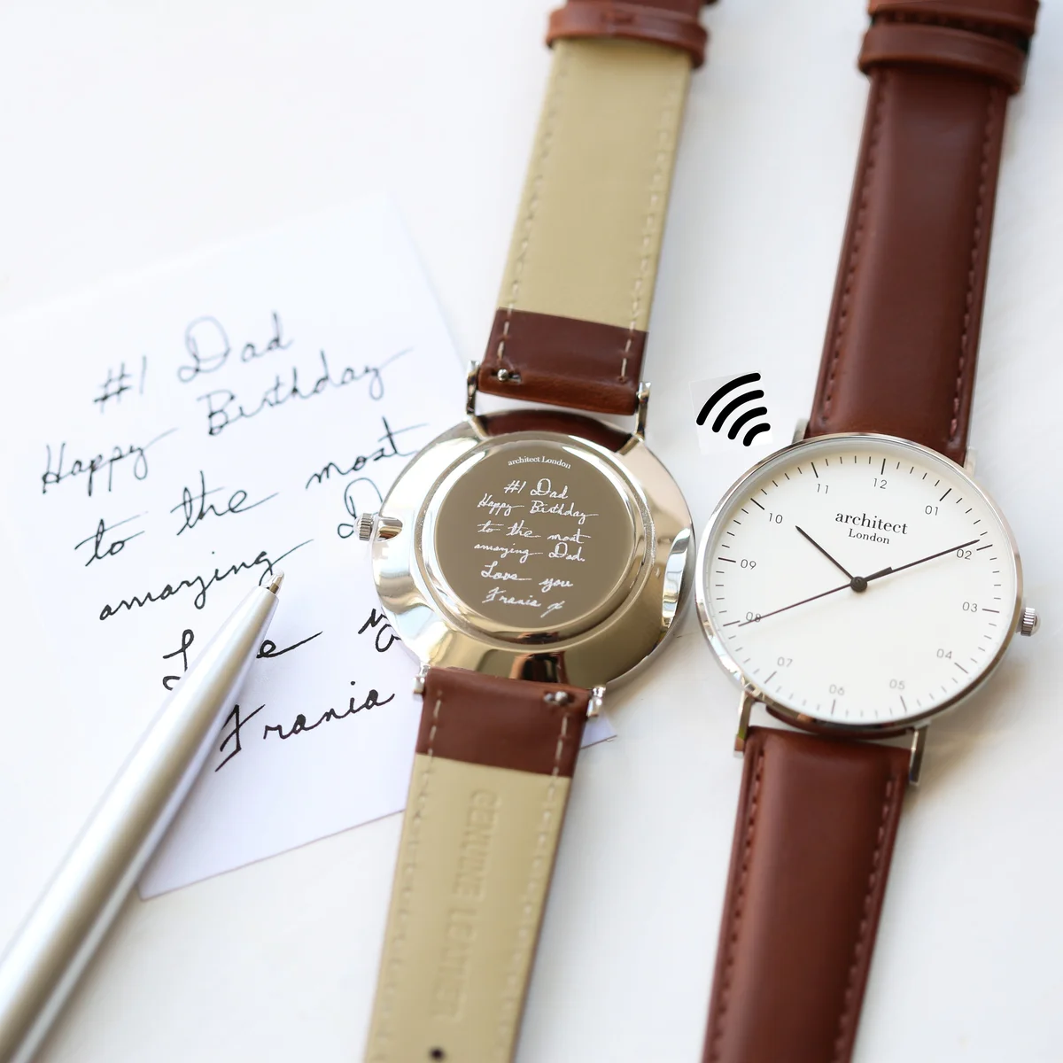 Men's Architect Zephyr contactless payment watch with walnut leather strap and custom handwriting engraving on dial