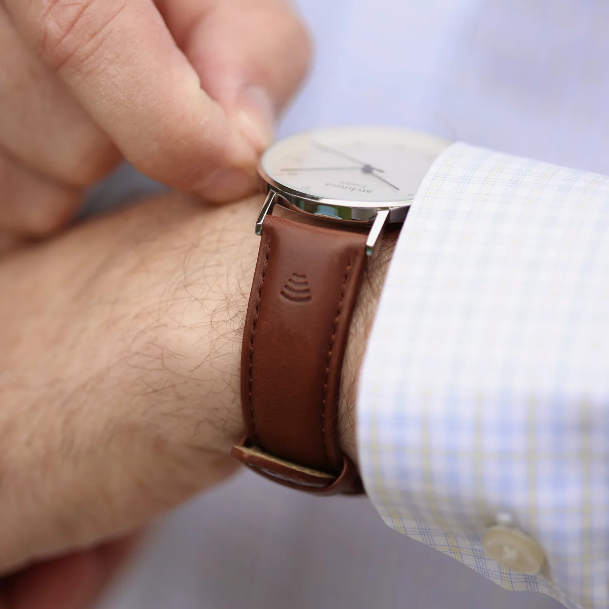 Men's Architect Zephyr cashback payment watch with walnut strap and custom handwriting engraving on dial