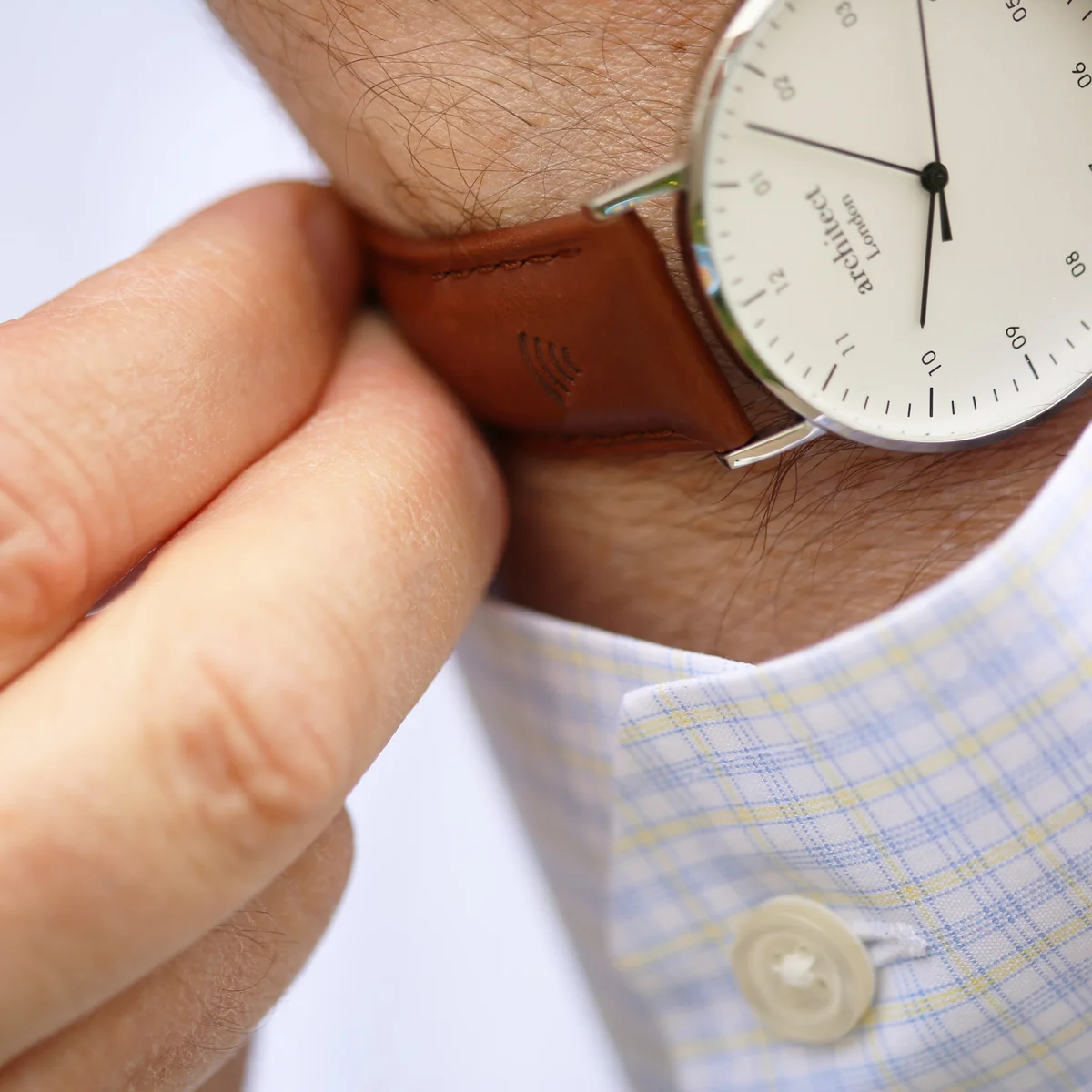 Men’s Architect Zephyr contactless payment watch with walnut strap and custom handwriting engraving on dial