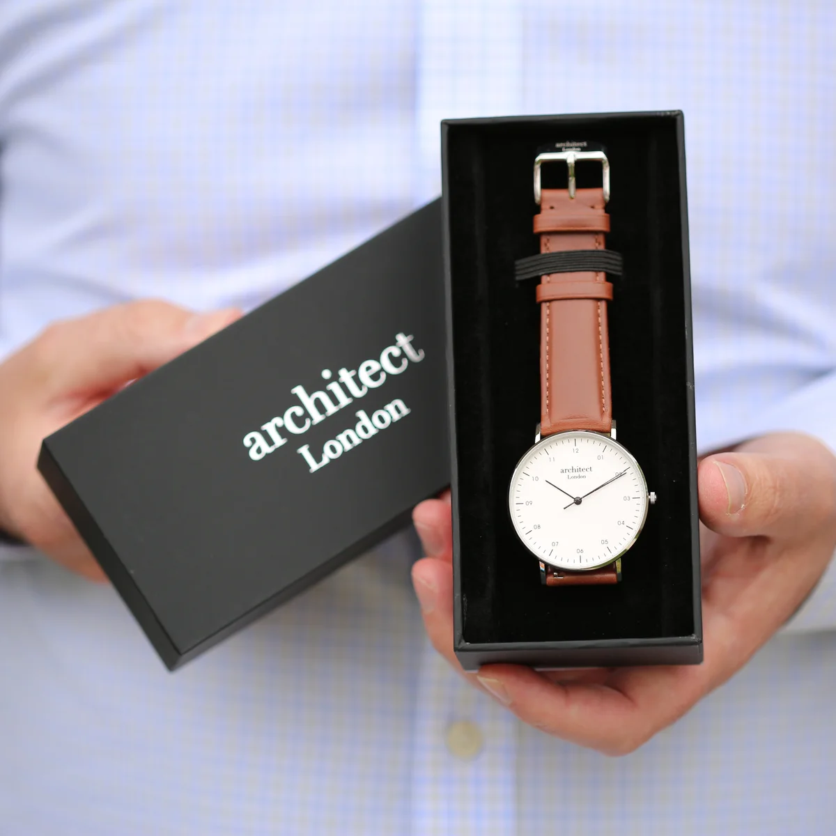 Men's Architect Zephyr contactless payment watch with walnut strap and custom handwriting engraving on dial