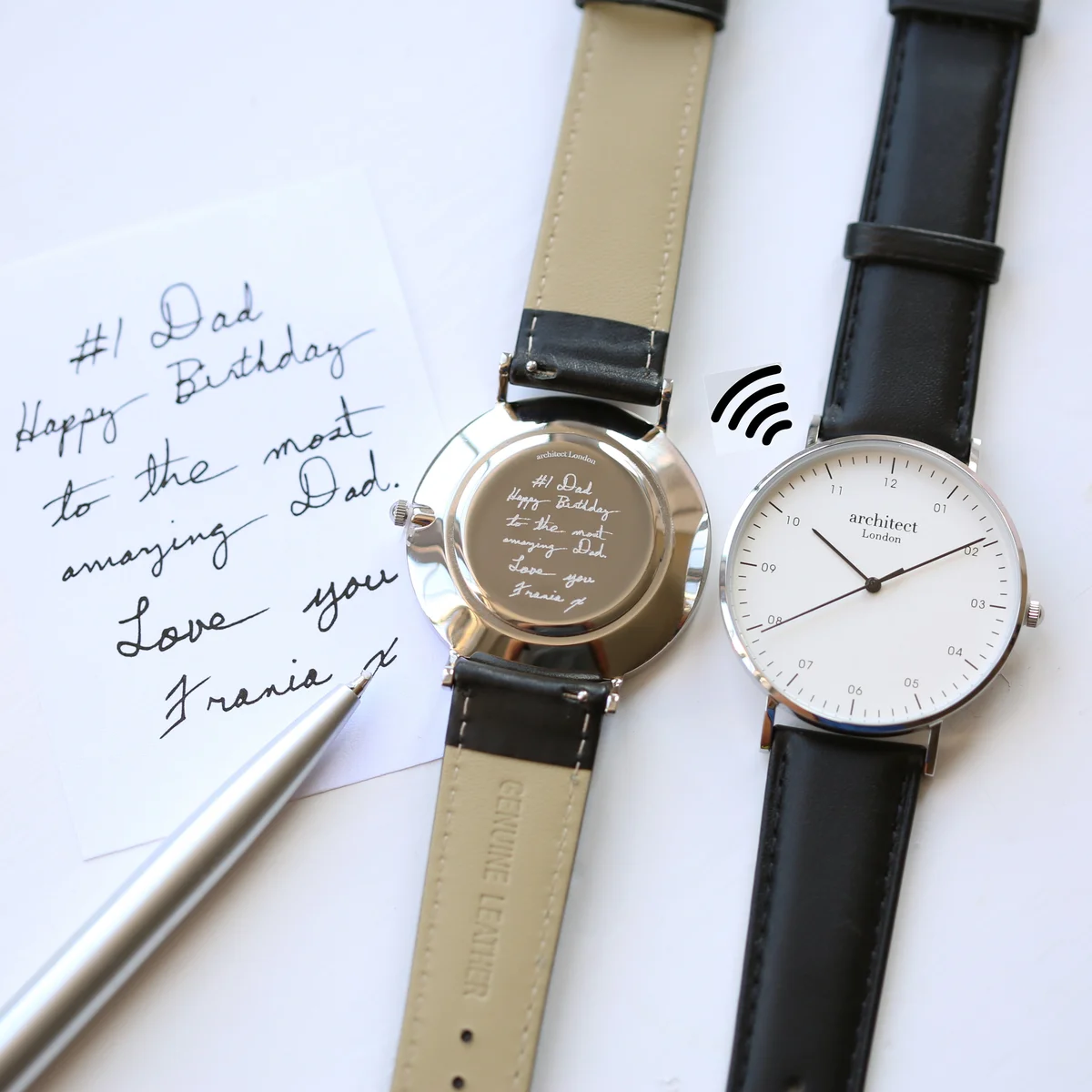 Men's Architect Zephyr contactless payment watch with jet black strap and custom handwriting engraving on dial