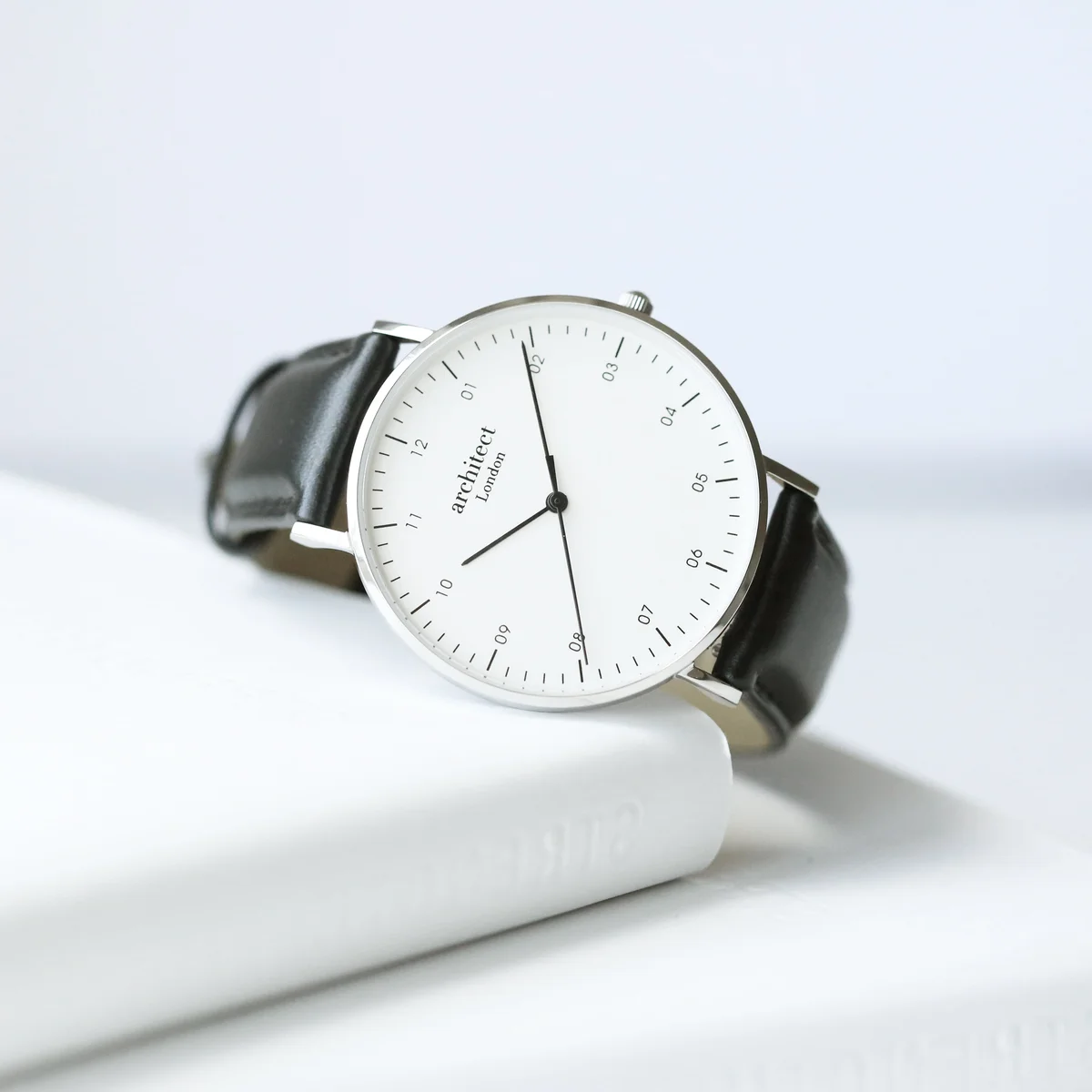 Men’s Architect Zephyr contactless payment watch with jet black leather strap and custom handwriting engraving on face