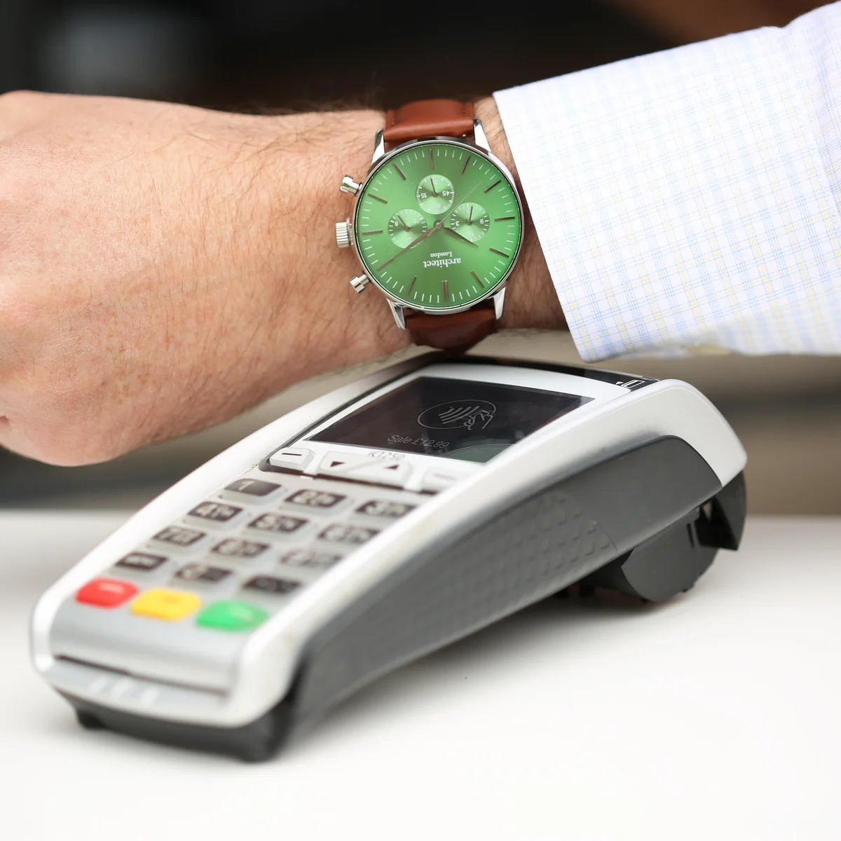 Men’s Envy Green Motivator contactless payment watch with walnut strap and modern font engraving on dial