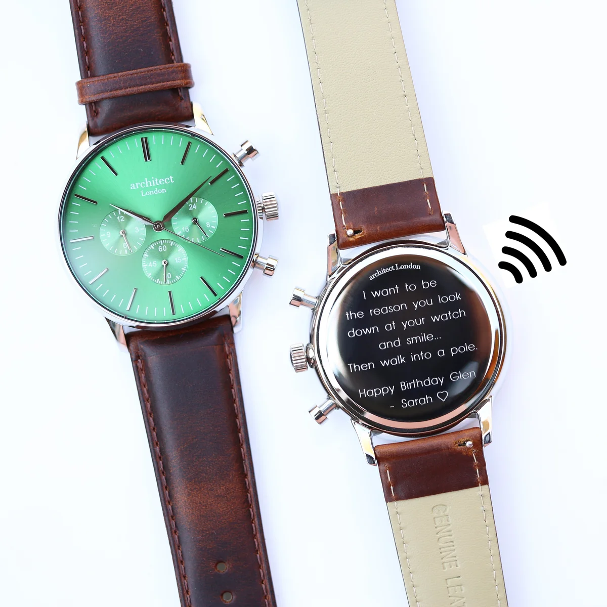 Men's contactless watch with green dial, walnut strap, and modern font engraving on the face.