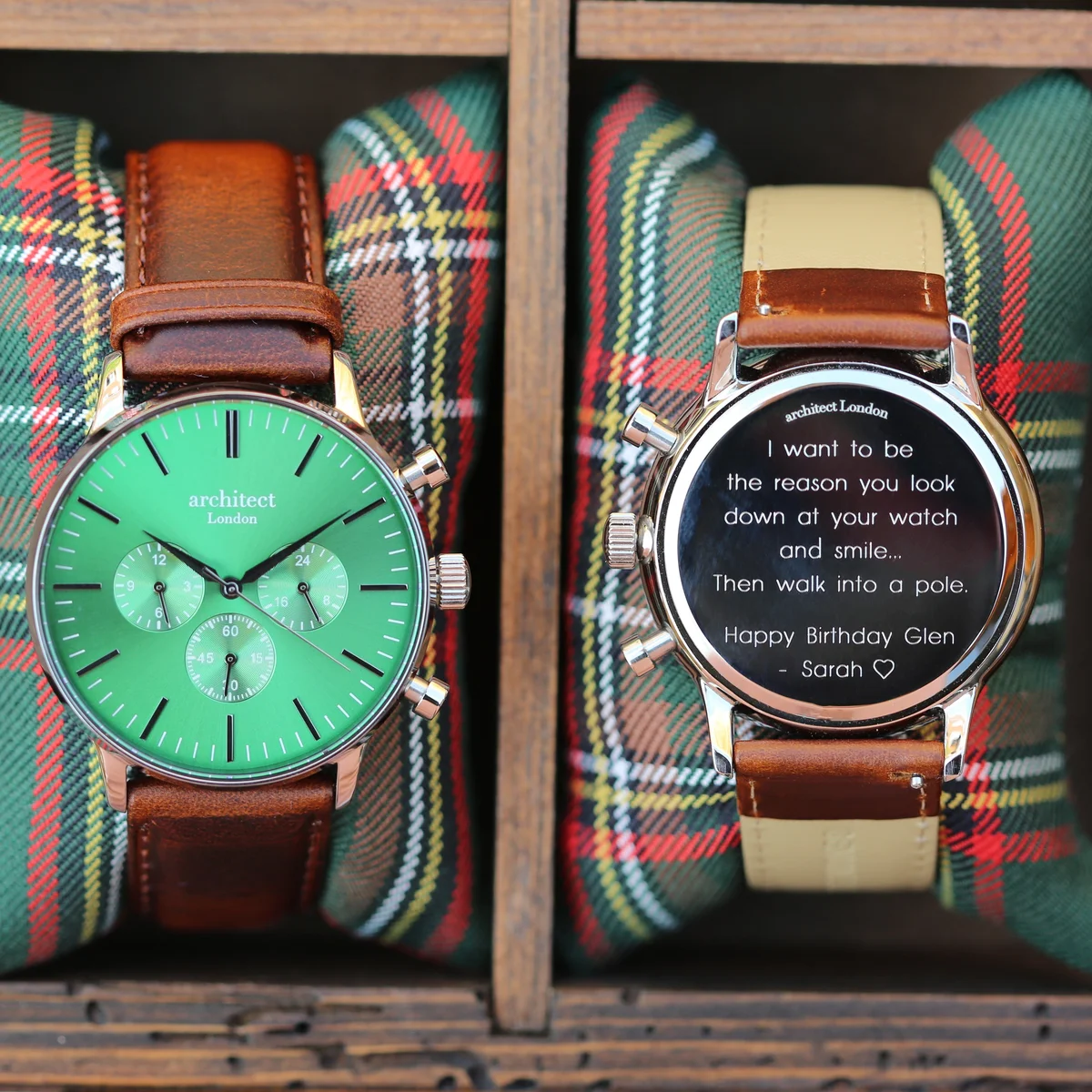 Men’s Envy Green Motivator cashback payment watch with walnut strap and modern font engraving on dial face