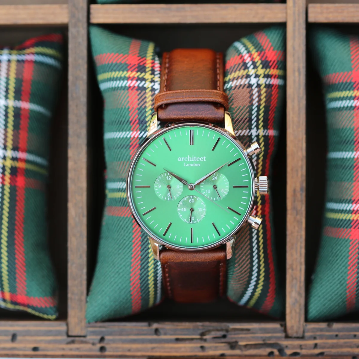 Men’s Envy Green Motivator contactless debit card watch with walnut strap and modern font engraving on dial