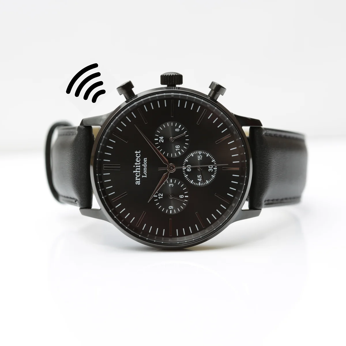 Men's contactless watch with jet black strap and modern font engraving on round black dial