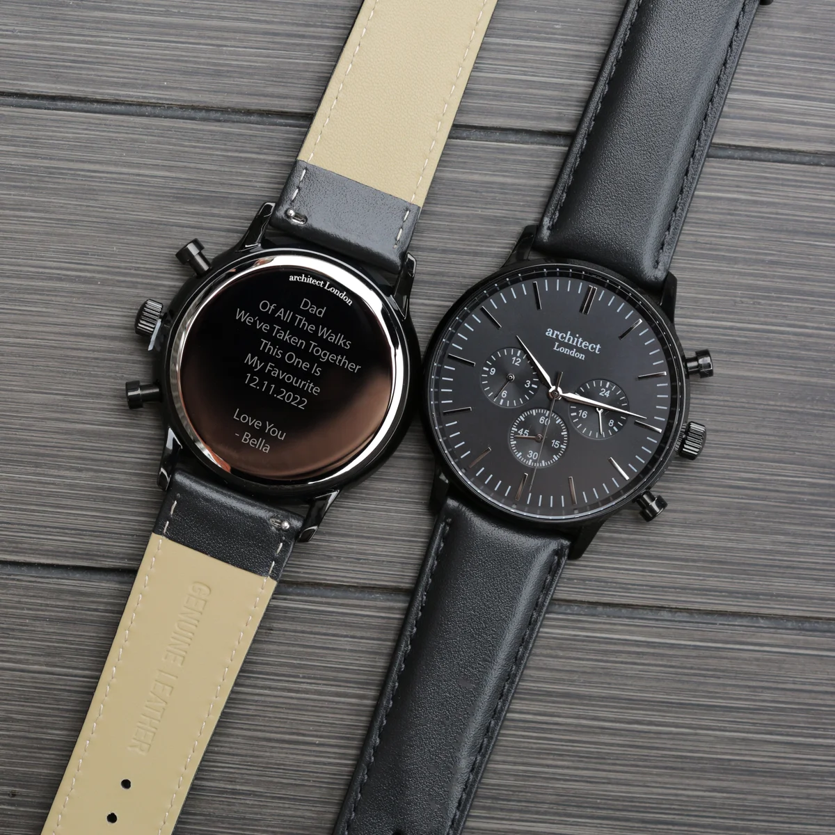 Men’s contactless payment leather strap watch in jet black with modern font engraving on the dial