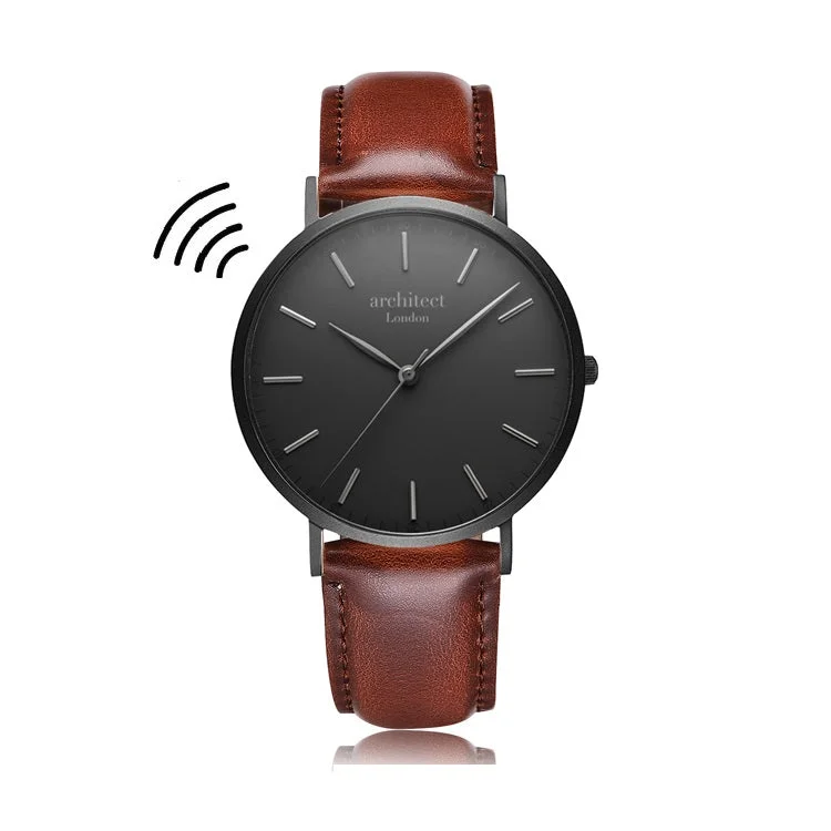 Men's minimalist watch with walnut strap and modern font engraving, featuring contactless payment capability