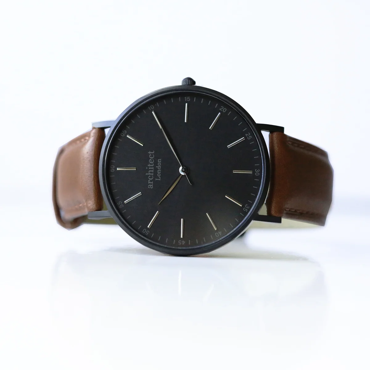 Men's contactless payment watch with minimalist design, walnut strap, and modern font engraving on the face.