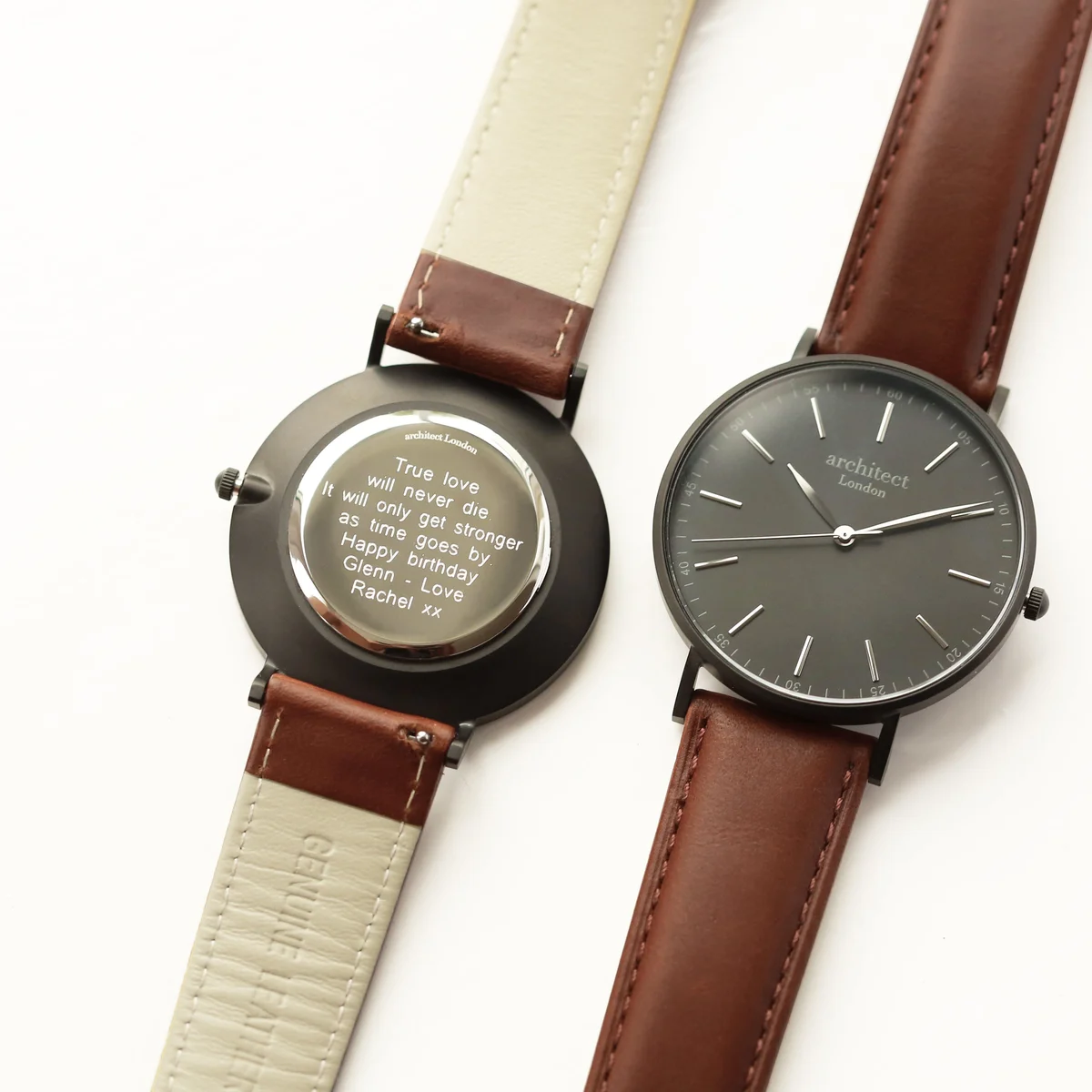 Men’s minimalist cashback payment watch with walnut strap and modern font engraving on the face