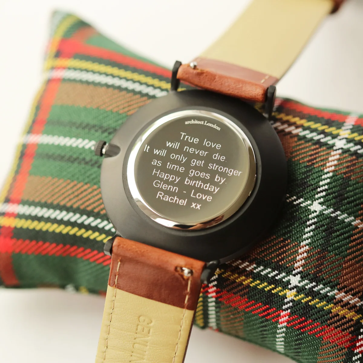 Men's contactless payment watch with minimalist design, walnut strap, and modern font engraving on the face