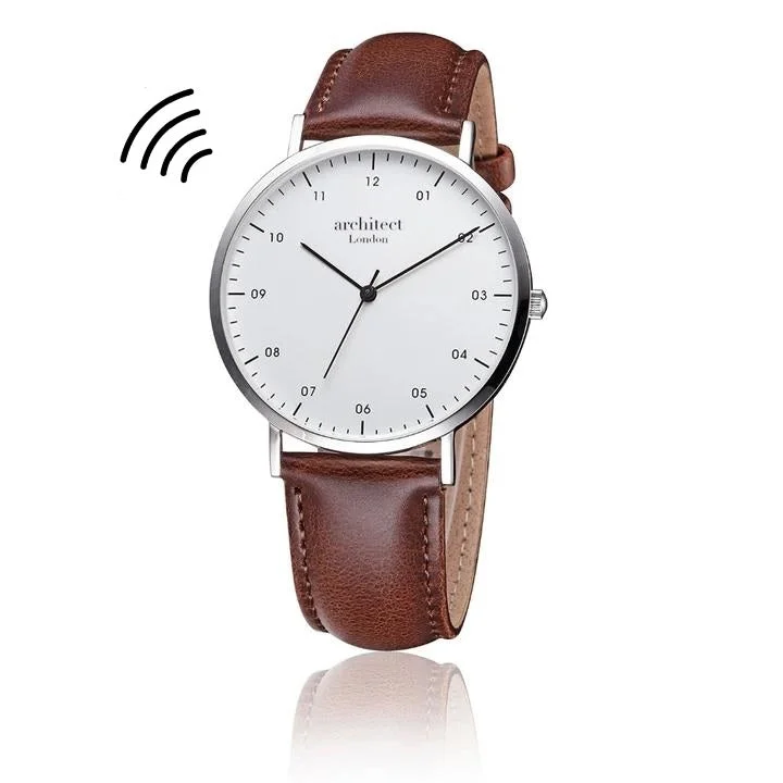 Men's contactless watch with walnut strap and modern font engraving on round silver dial