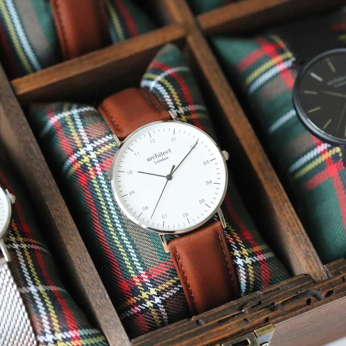 Men’s Architect Zephyr contactless payment watch with modern font engraving and walnut leather strap watch on wrist