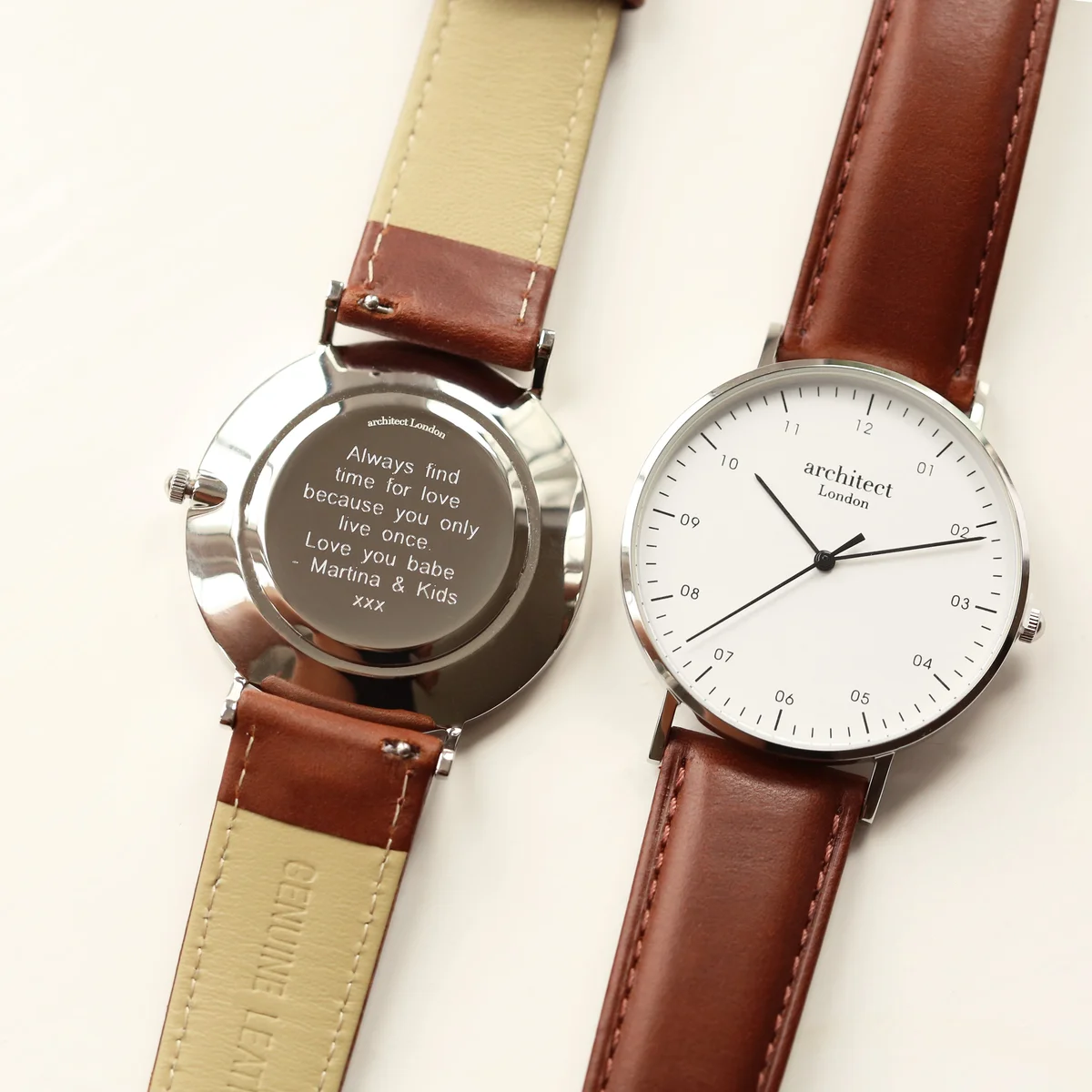Men’s modern engraved watch with walnut strap and sleek architect Zephyr design for contactless payments and cashback benefits