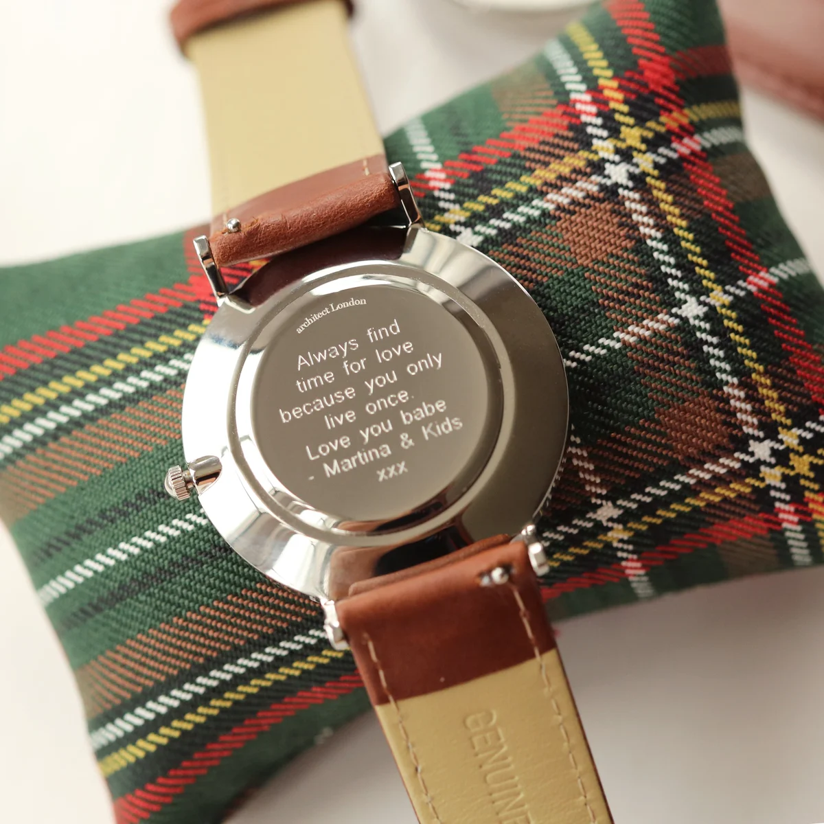 Men’s Architect Zephyr contactless payment watch with walnut strap and modern font engraving on dial