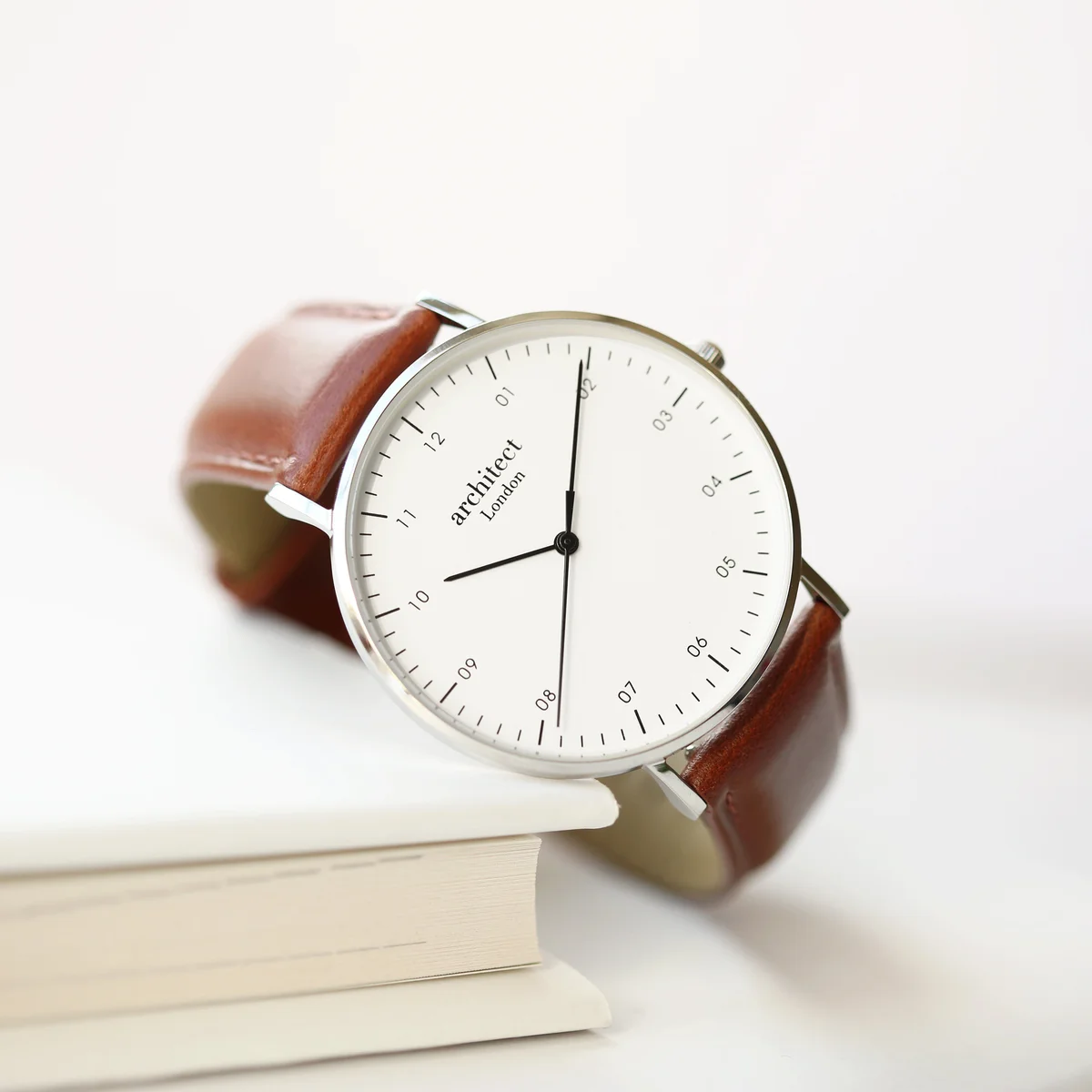 Men’s Architect Zephyr contactless payment watch with walnut strap and modern font engraving on the face