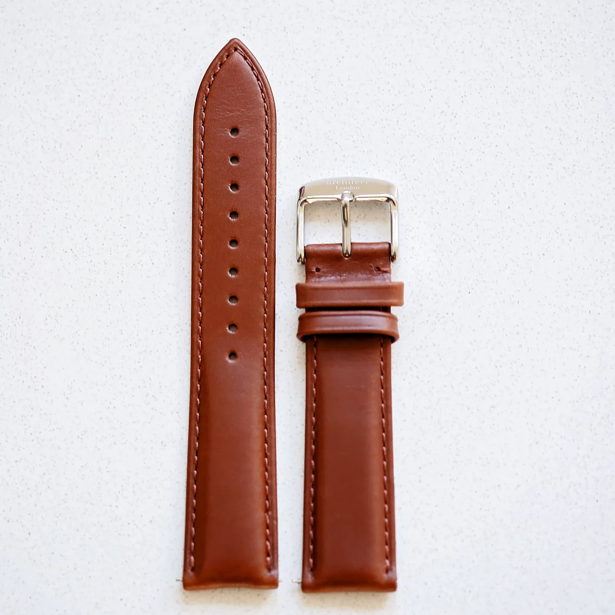 Brown genuine leather watch strap with quick-release snap mechanism and Architect London branded buckle