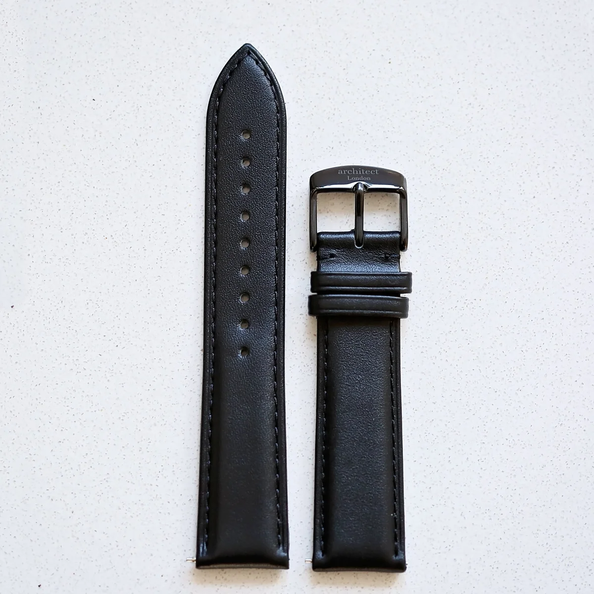 Close-up of genuine leather quick release watch band with Architect London branded buckle, designed for Motivator model