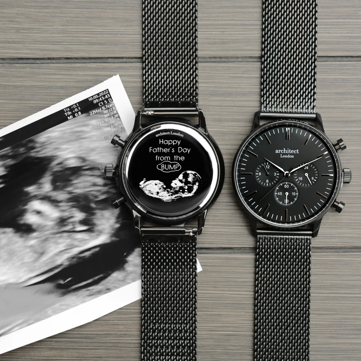 Men's black mesh strap watch with black face, three chronograph dials, and polished stainless steel case by Architect London