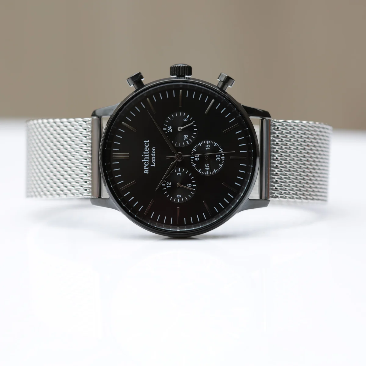 Men’s black face watch with silver Milanese mesh strap and three chronograph subdials by Architect London