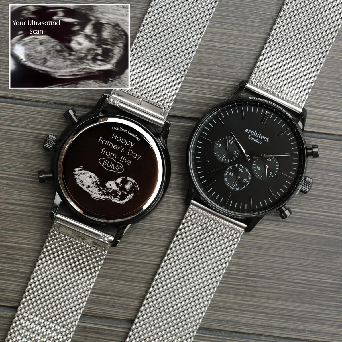 Men's black dial watch with three chronograph subdials and silver mesh strap watch by Architect London